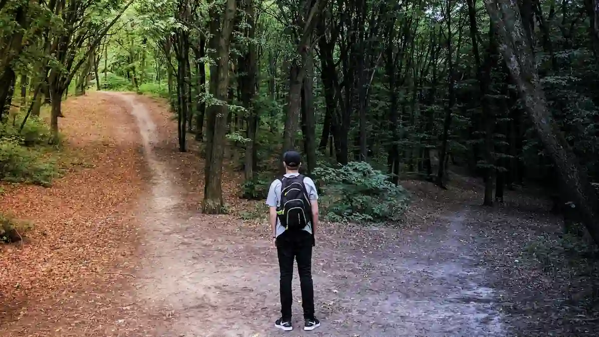 Yol ayrımında duran genç, üniversite ve bölüm seçimi kararsızlığını temsil eden görsel